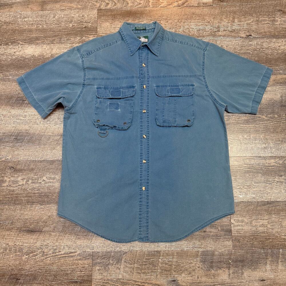 Timber Run Mens M Fishing Shirt Blue Short Sleeve Cotton Utility Cargo Pockets